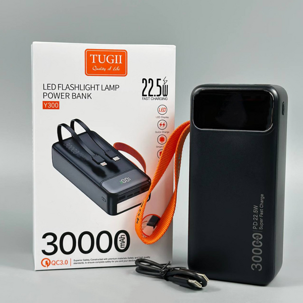 УМБ Power Bank TUGII WUW Y300 30000mAh PD22.5W+QC3.0 з вбудованими кабелями Type-C та Lightning і ліхтарем 64600 фото